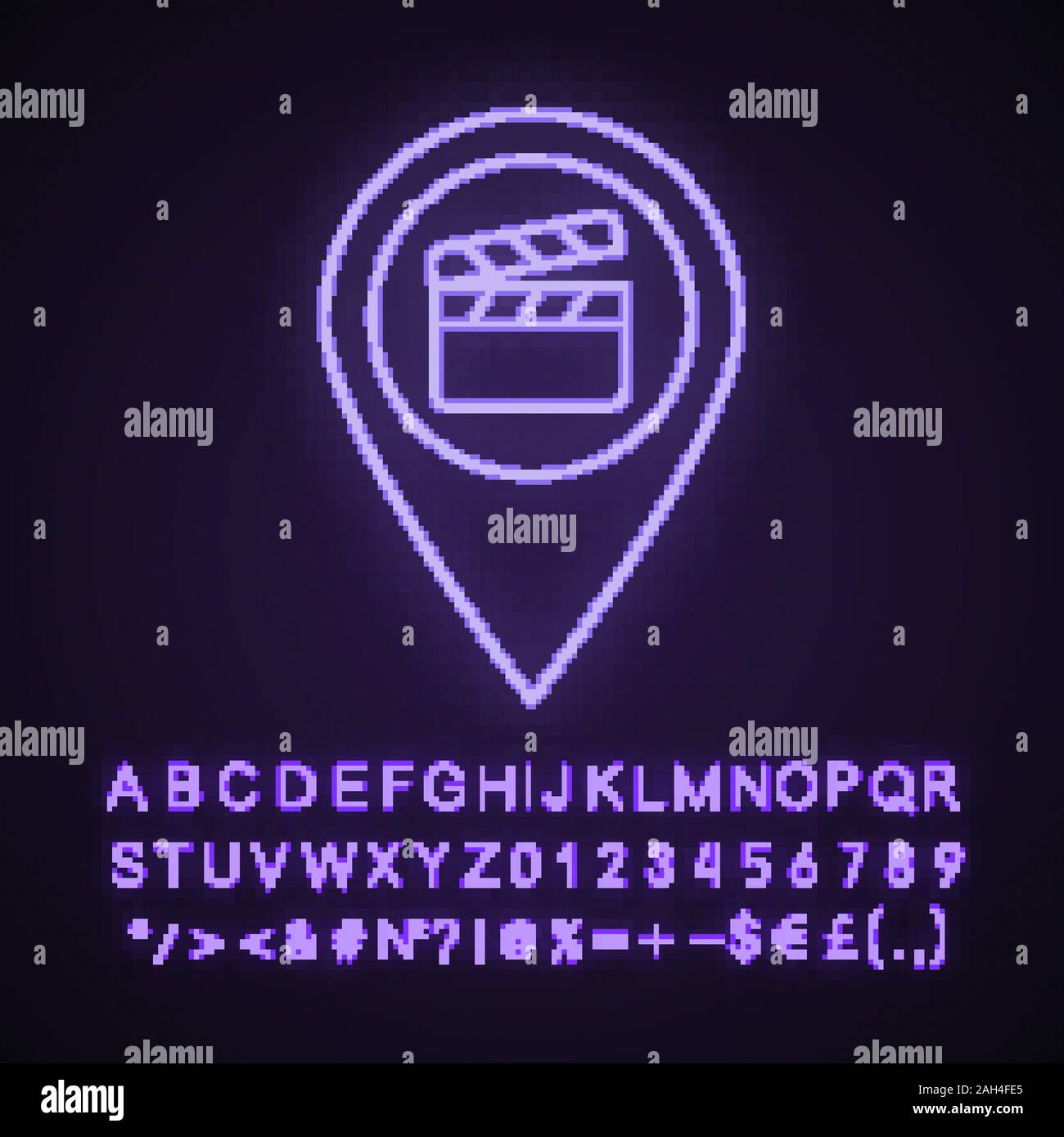 Les lieux de tournage neon light icône. La carte vidéo. Cinéma l'emplacement. Lieux de production du film. Site d'identifier avec l'intérieur du conseil à clapet. Signe rougeoyant avec al Illustration de Vecteur