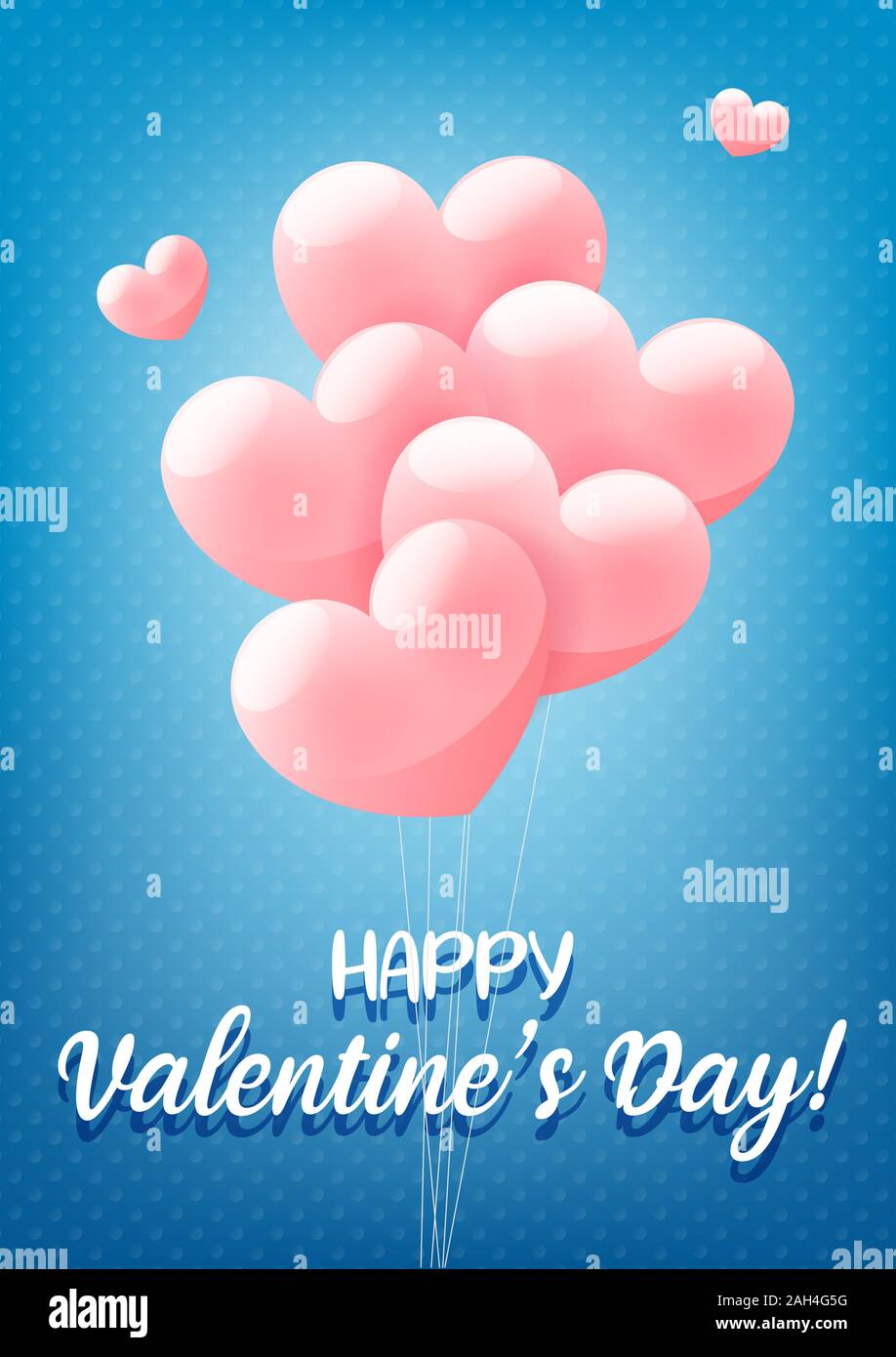 Happy Valentines Day bannière félicitations bleu, carte de vœux, invitation flyer avec ballons en forme de coeur rose, vector illustration. Illustration de Vecteur