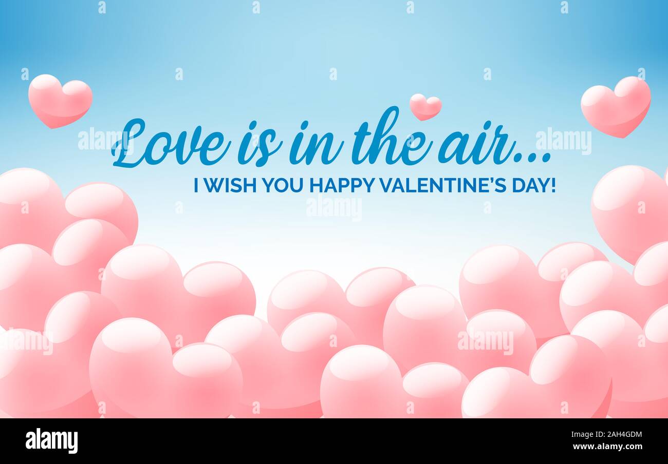 Happy Valentines Day blue bravo bannière avec nuages en forme de coeur, carte de vœux, invitation flyer avec ballons en forme de coeur rose, vector Illustration de Vecteur