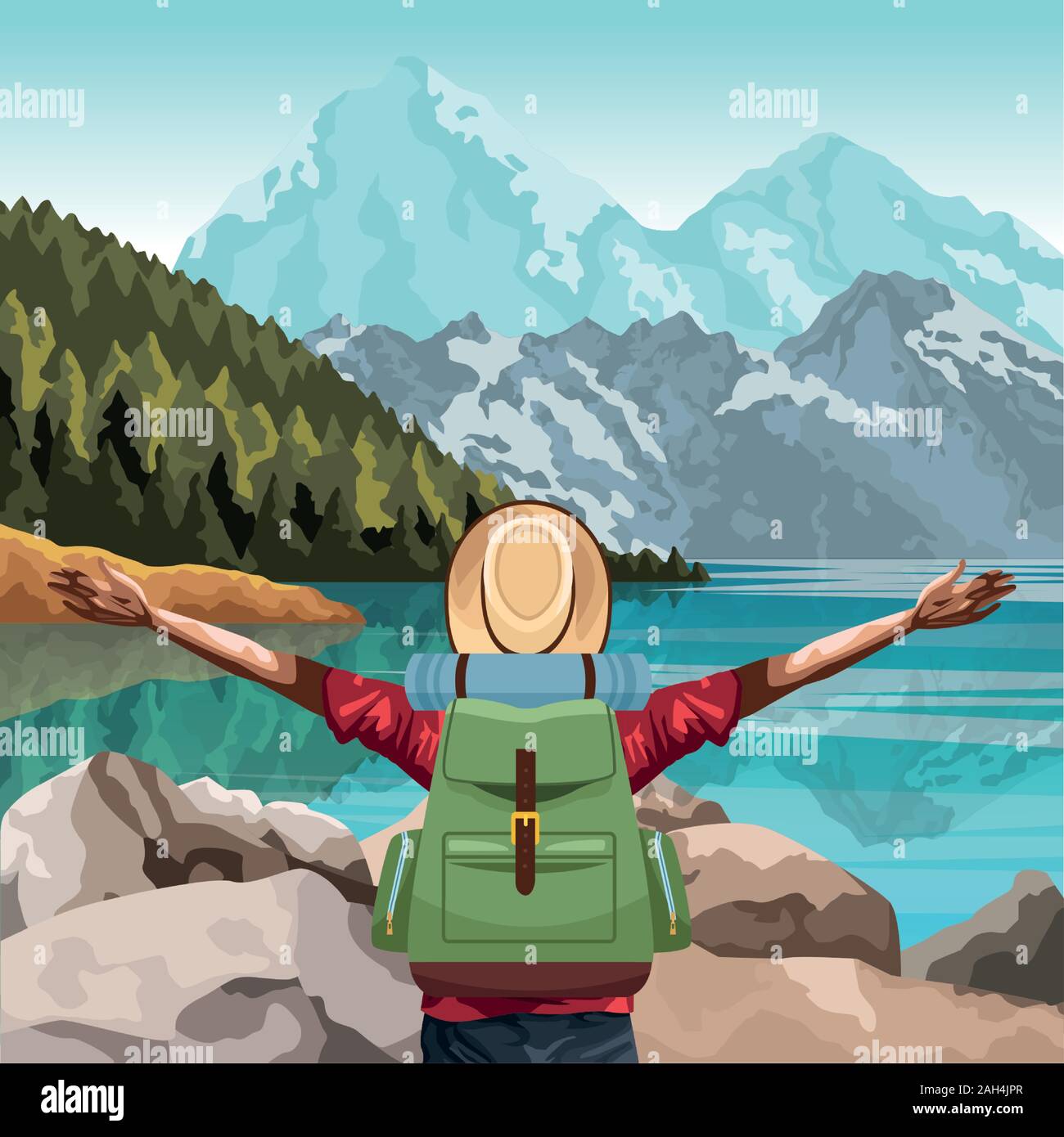 Beau paysage avec le meilleur homme avec ses bras ouverts Illustration de Vecteur