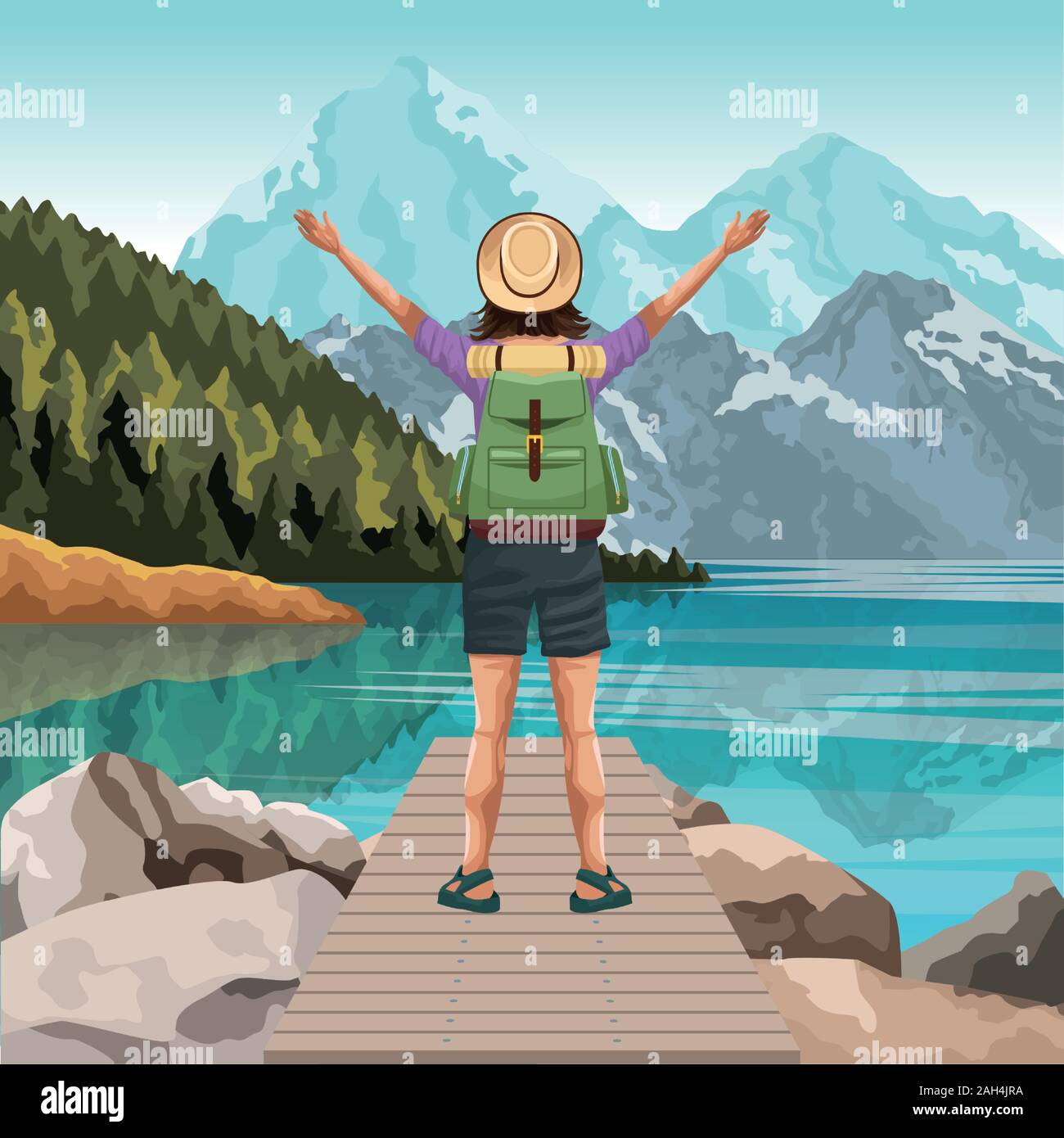 Beau paysage avec traveler femme debout avec les bras grands ouverts Illustration de Vecteur
