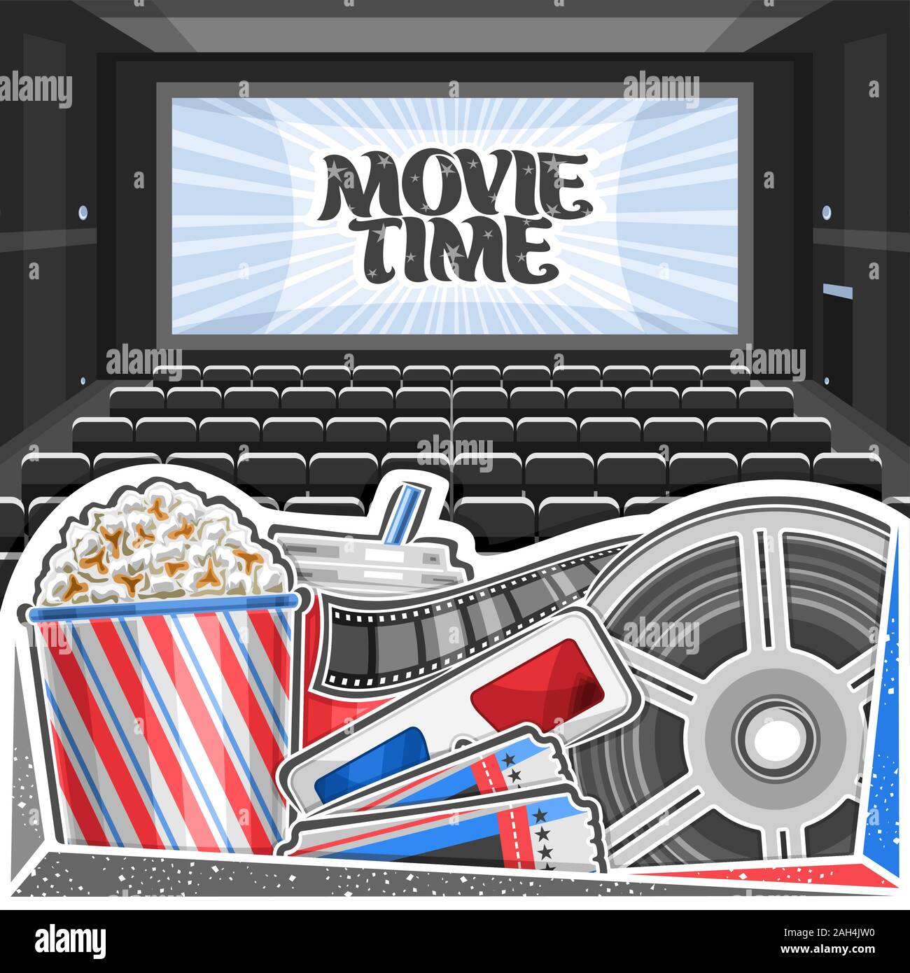 Vector illustration du poster de la place de cinéma, avec écran de cinéma, des rangées de fauteuils vides, pop corn à grand fort, cola en tasse en plastique, bleu-rouge Illustration de Vecteur