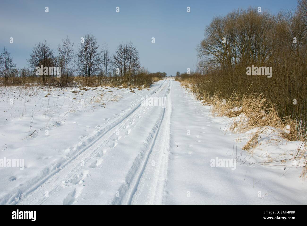 Une longue route enneigée, journée ensoleillée d'hiver Banque D'Images
