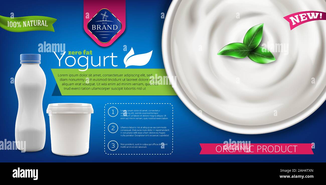 Le Yogourt grec naturel et verre circulaire ad avec bol de crème glacée et emballage vide, 3D de vecteur illustration réaliste de yogourt flacon et pot Illustration de Vecteur