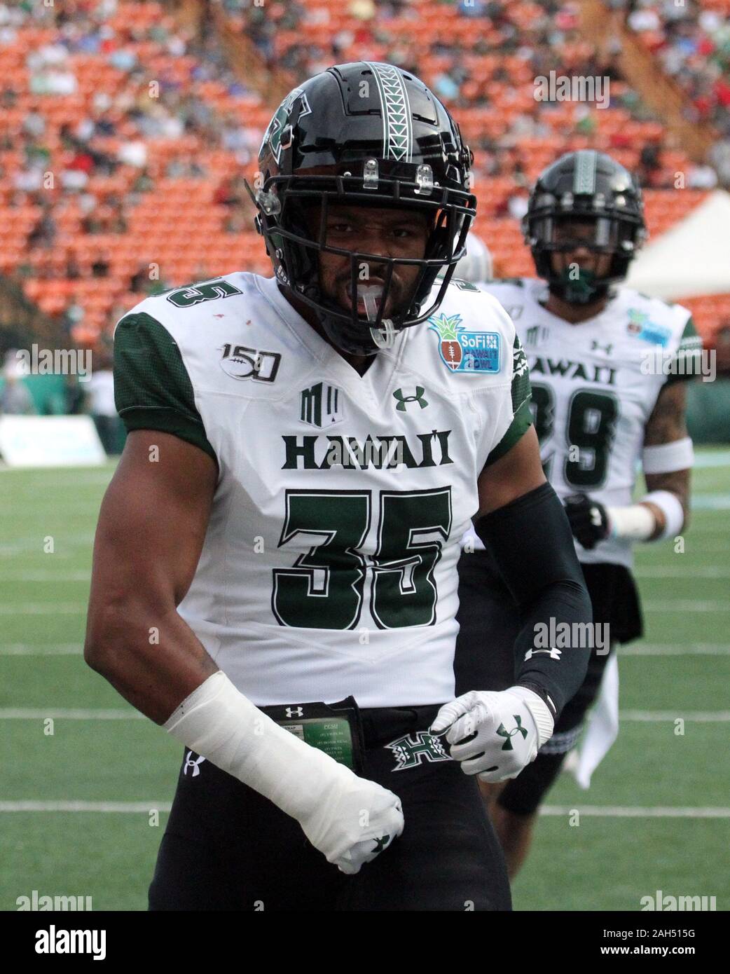 Honolulu, Hawaii, USA. Le 24 décembre, 2019. 24 décembre 2019 - Hawaii Rainbow Warriors wide receiver Jaden Allen (35) au cours d'une partie à la SoFi Hawaii Bowl entre les Cougars de Brigham Young et de l'Indiana Rainbow Warriors au shérif Stan Center à Honolulu, HI - Michael Sullivan/CSM. Credit : Cal Sport Media/Alamy Live News Banque D'Images