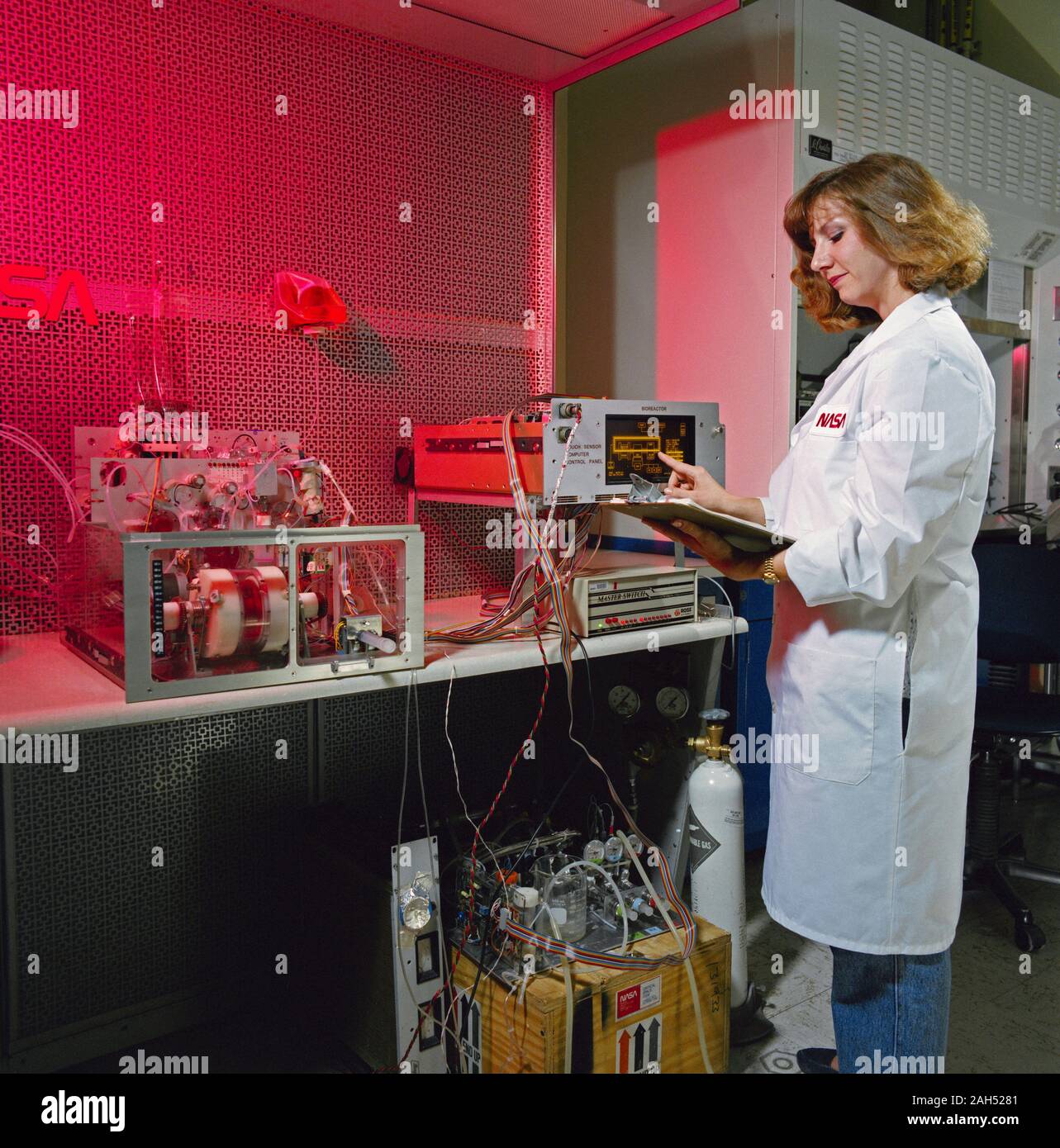 (27 juin 1991) --- technicien JSC Tacey Prewitt vérifie les progrès sur un bioréacteur dans l'expérience des sciences de la vie de JSC Bldg 37 Laboratoire Laboratoire de biotechnologie. Matériel similaire est prévue pour l'essai à bord d'Atlantis, Véhicule orbiteur (VO) 104, au cours de la mission STS-44. Banque D'Images