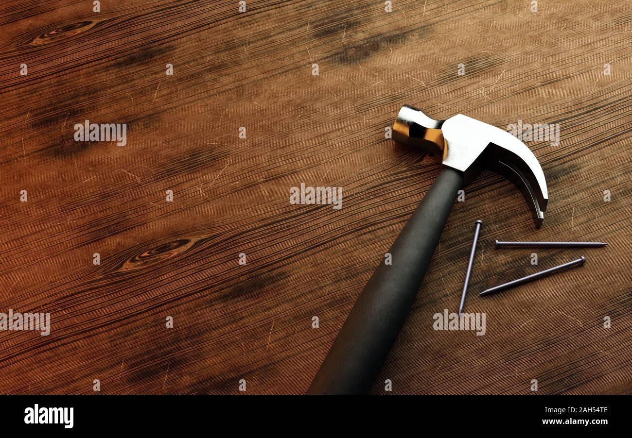 Clous et marteaux sur fond de bois. 3D render Banque D'Images