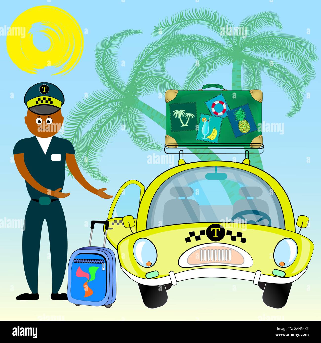 Chauffeur de taxi passager invitant entrer dans voiture. jeune chauffeur de taxi près de sa voiture. Un service de taxi. vector illustration. Illustration de Vecteur