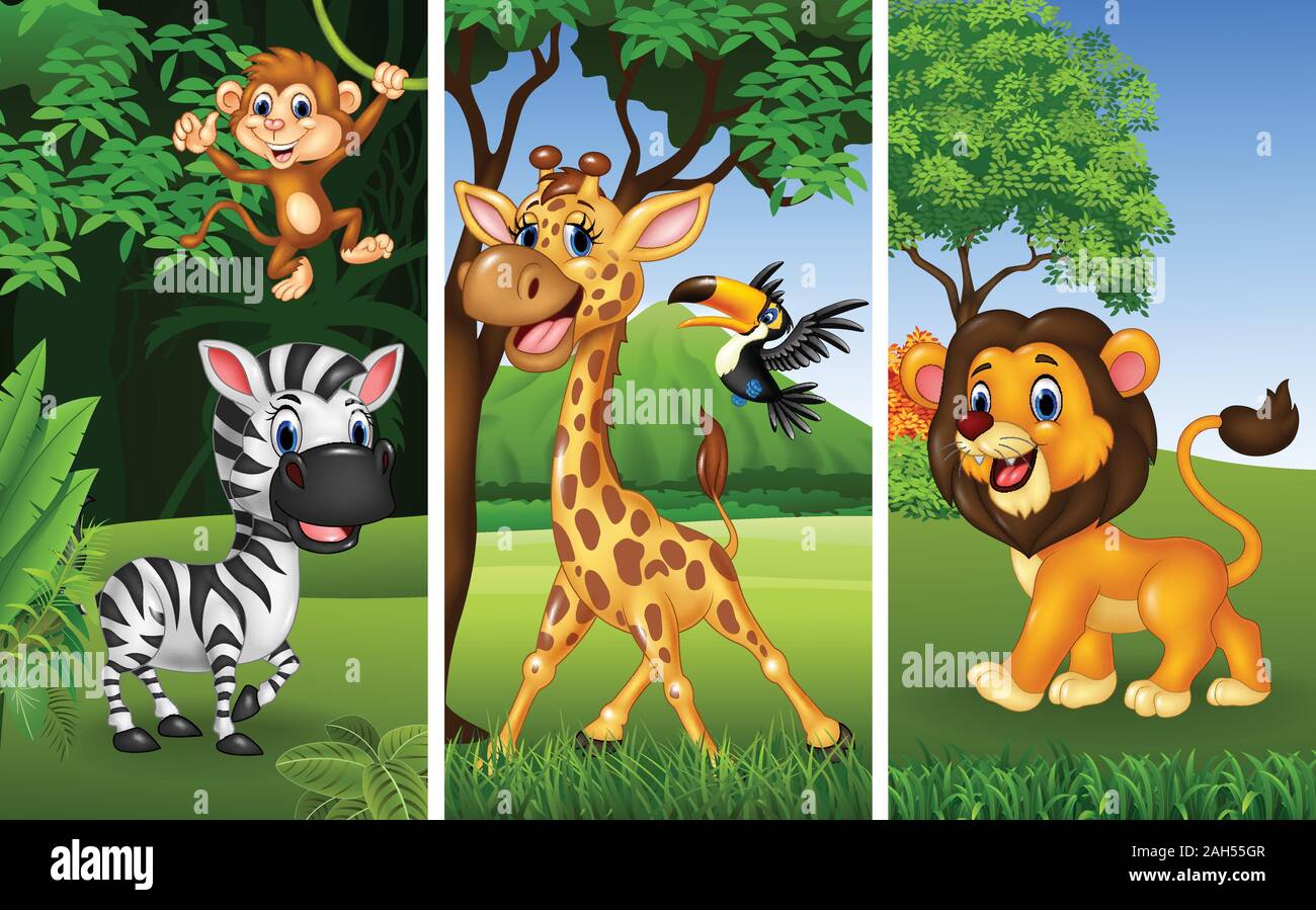 Ensemble de trois animaux sauvages par nature background Illustration de Vecteur