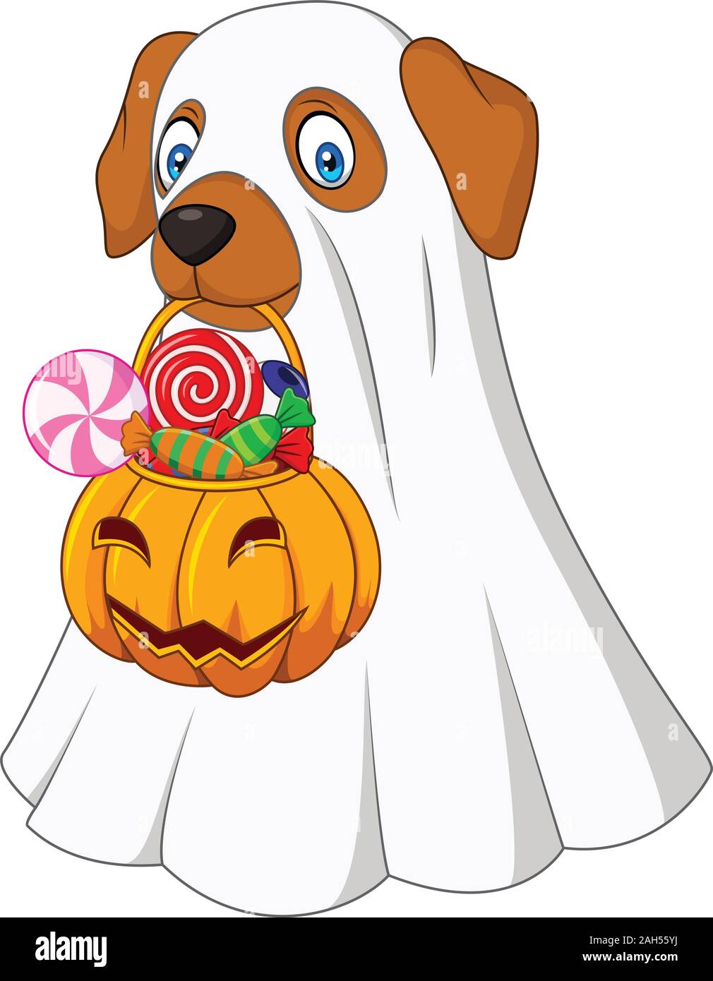 Costume Halloween citrouille holding dog sac plein candy Illustration de Vecteur