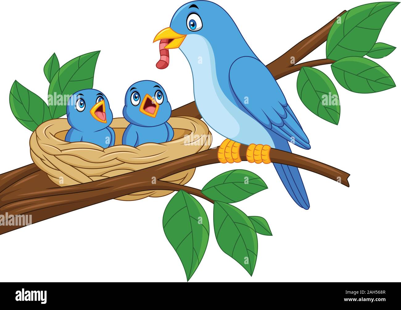 Mère de l'oiseau bleu l'alimentation des bébés dans un nid Illustration de Vecteur