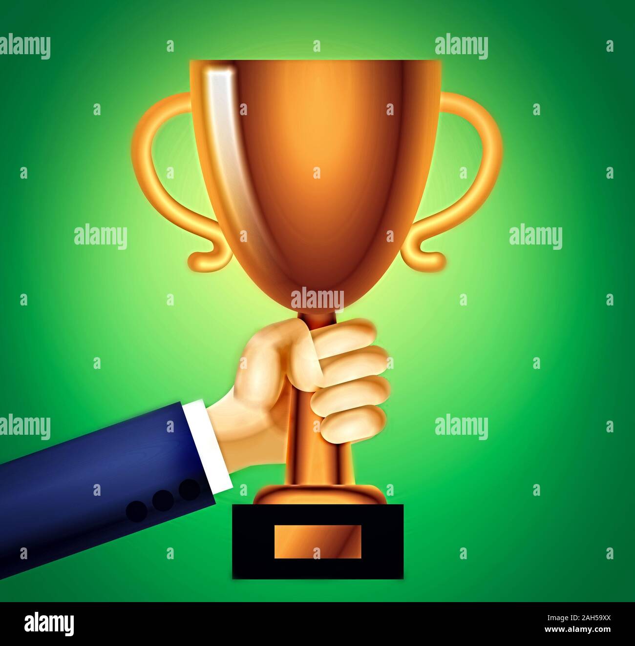 Businessman holding golden cup. Illustration 2d Banque D'Images