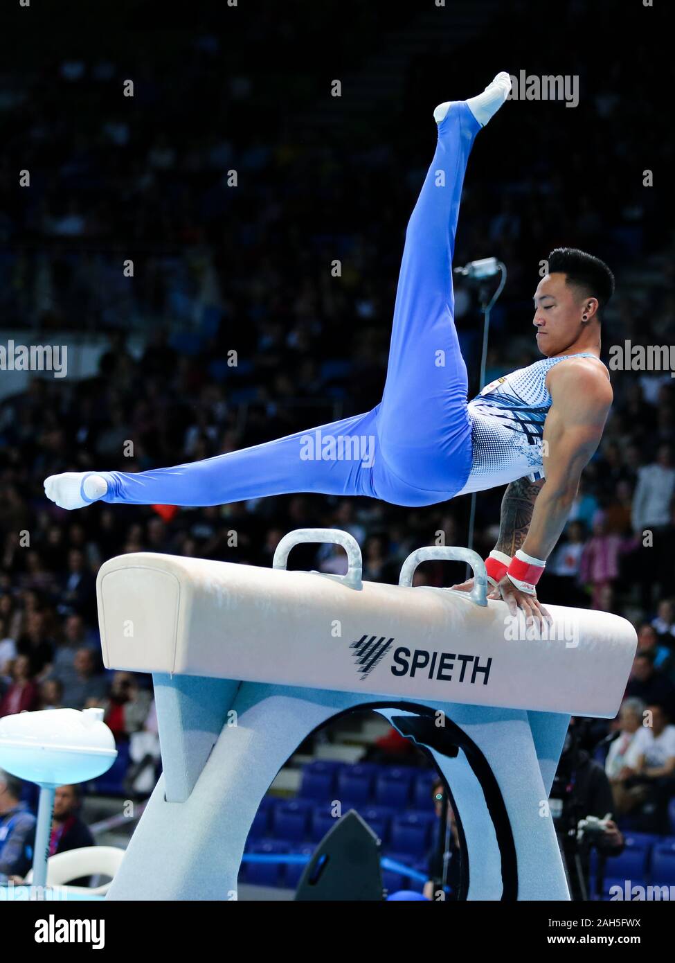 Szczecin, Pologne, le 13 avril 2019 : Marios Georgiou de Chypre est en concurrence sur le cheval d'arçons lors de la Championnats de gymnastique artistique 2019 Banque D'Images