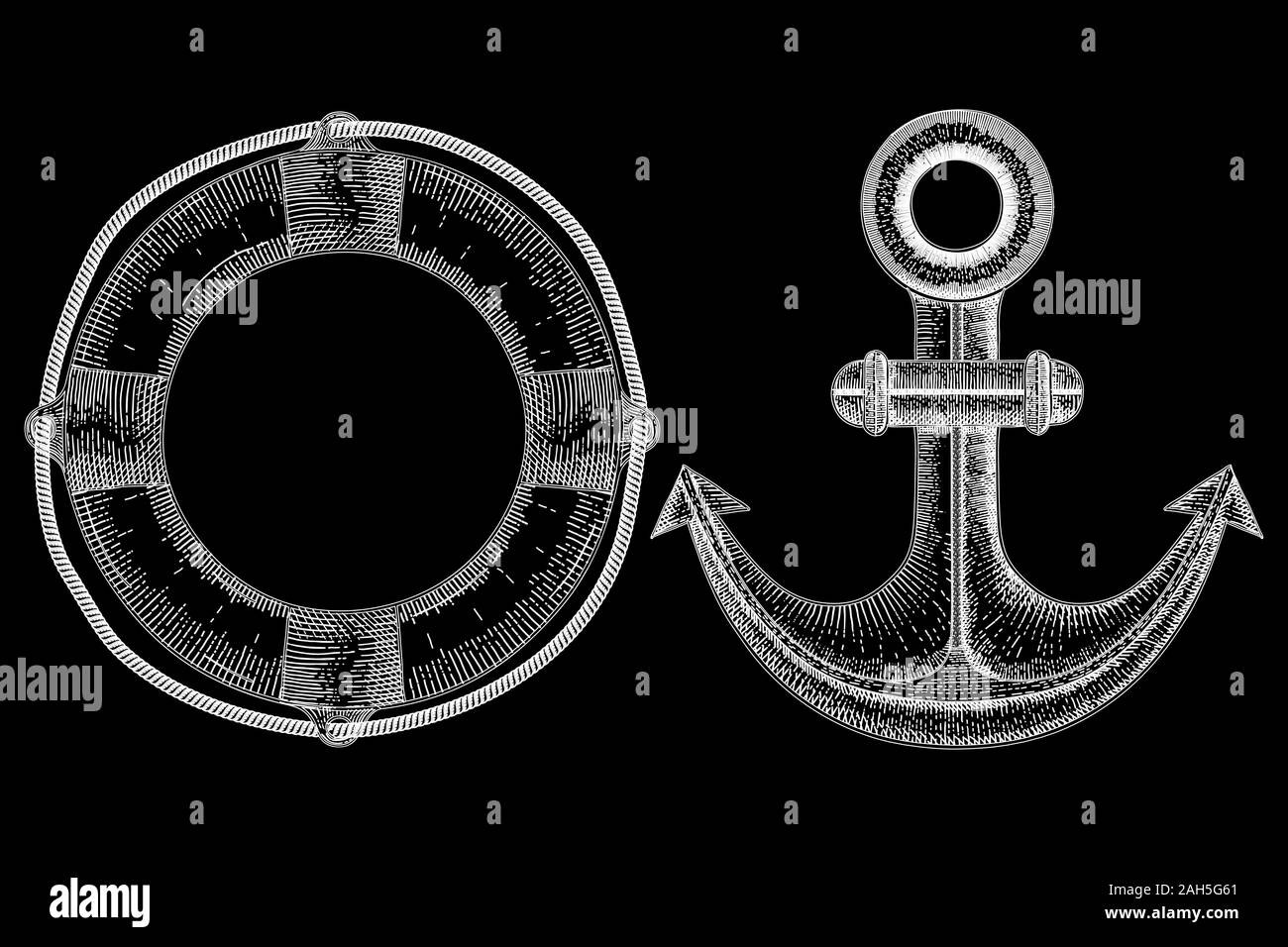 Bouée de mouillage et la mer - symboles. Croquis dessinés à la main. Vector illustration sur fond noir. Illustration de Vecteur