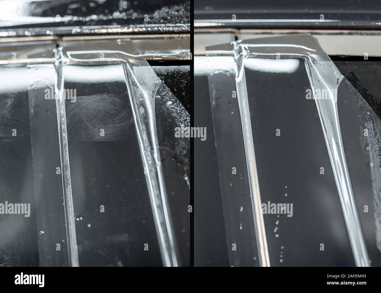 Photo de rayures sur le châssis de fenêtre et la photo après l'auto-guérison du corps de voiture anti-gravillon film Banque D'Images