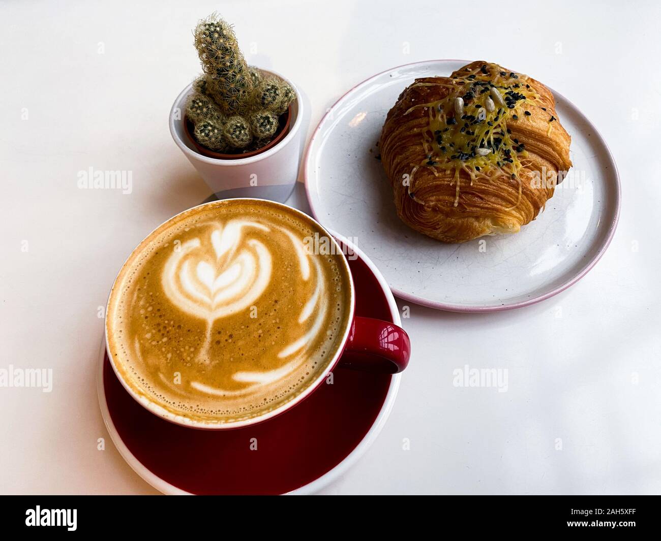 Sur un tableau blanc rouge est une tasse de café, un petit pain avec du fromage et de graines de sésame noir, un cactus. Vue de dessus. Banque D'Images