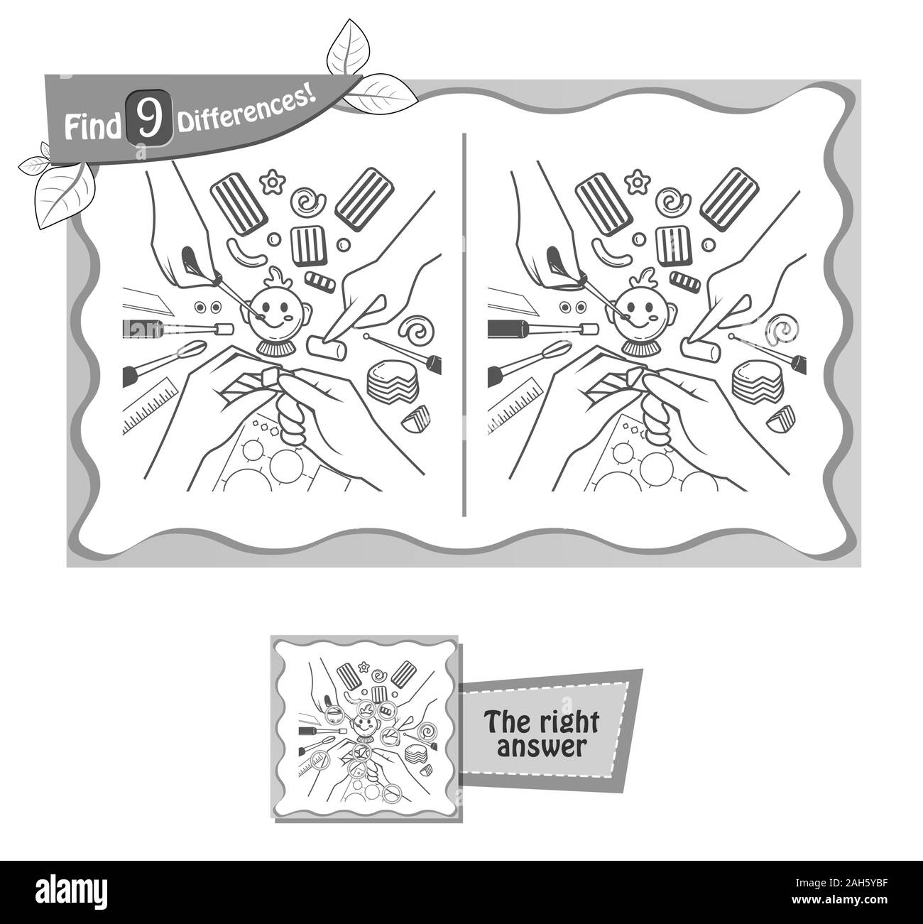 Jeu visuel pour les enfants et les adultes. Jeu de casse-tête Trouvez la tâche 9 différences. vector illustration noir et blanc Illustration de Vecteur