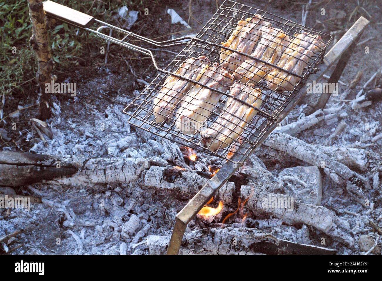 Barbecue de porc préparé à l'extérieur sur une chaude journée d'été Banque D'Images