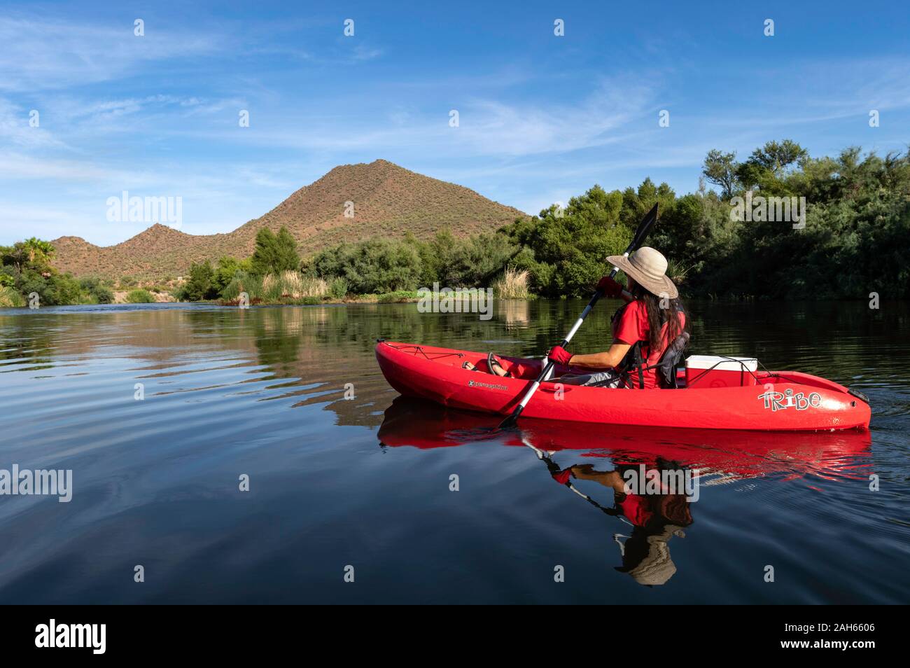 Le kayak de rivière salée du lac Saguaro Guest Ranch, Arizona Banque D'Images