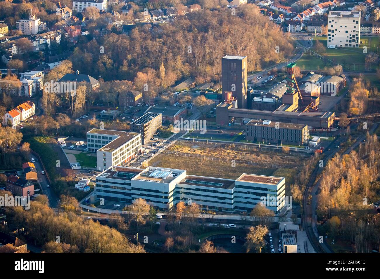 Vue aérienne de l'Université Folkwang, arts, Patrimoine Mondial de l'Campus Nord Quartier Zollverein, Martin-Kremmer-Straße, PACT Zollverein Theatre, SANAA B Banque D'Images