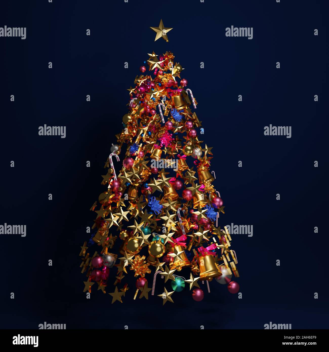 Pour la décoration ornement en forme d'arbre de Noël flottant sur fond bleu, symbole de fête. Le rendu 3D. Banque D'Images