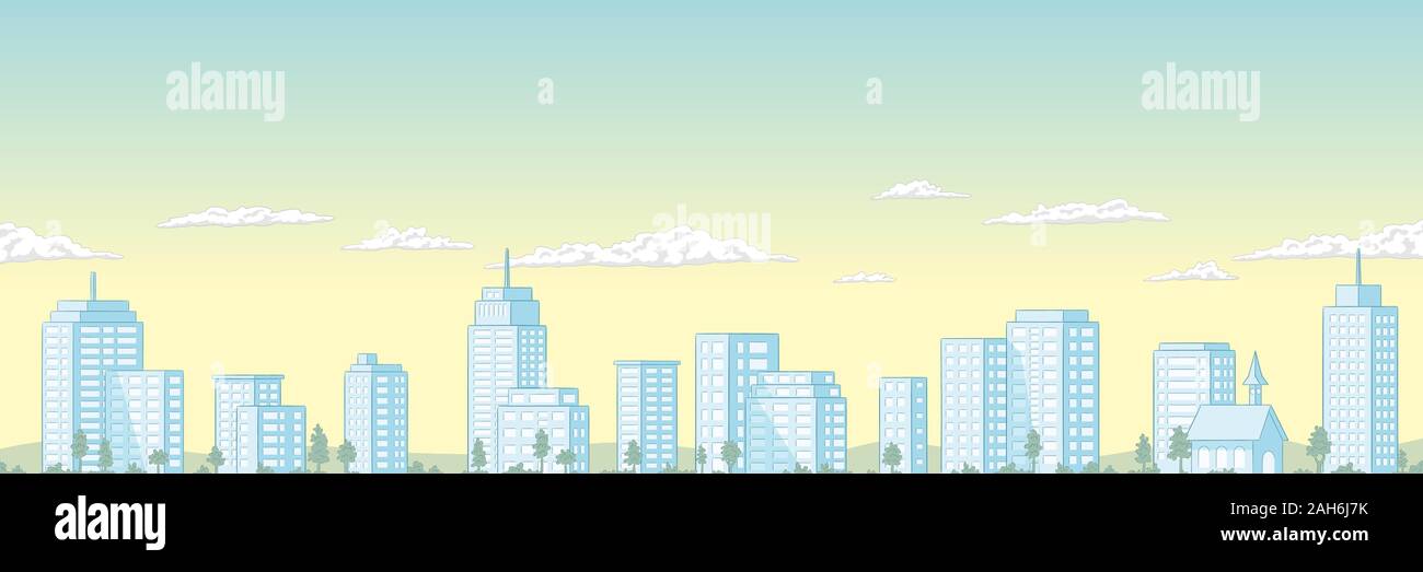 Summer cityscape panorama. Dessiner à main vector illustration avec des calques distincts. Illustration de Vecteur