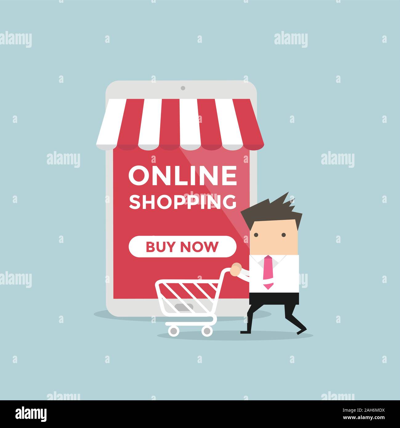 Businessman avec panier à l'avant du magasin en ligne. vector Illustration de Vecteur