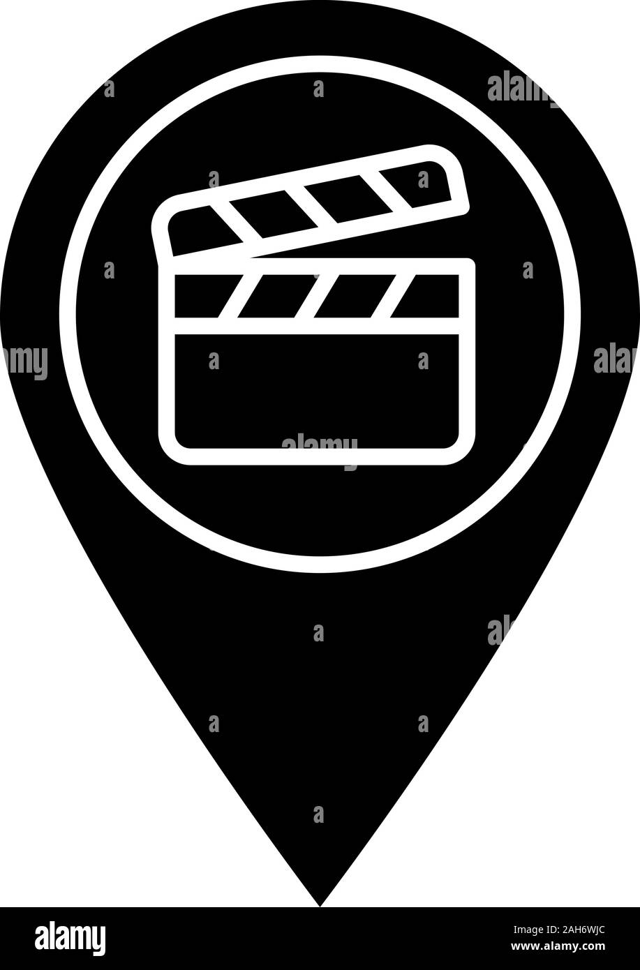 Icône glyphe de tournage. La carte vidéo. Cinéma l'emplacement. Lieux de production du film. Site d'identifier avec l'intérieur du conseil à clapet. Symbole de Silhouette. Negati Illustration de Vecteur