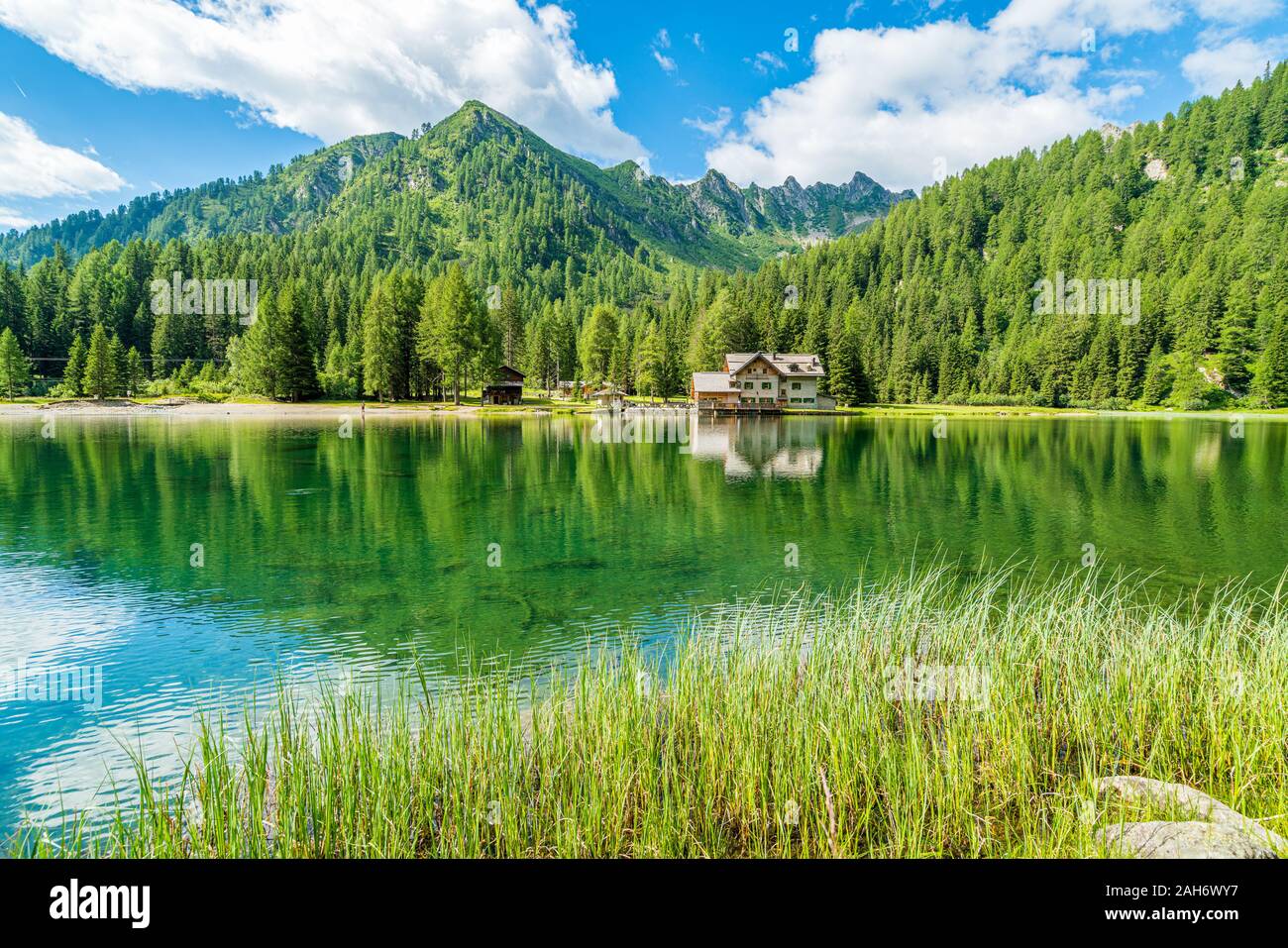 Paysage idyllique au lac Nambino, près de Madonna di Campiglio. Province de Trente, Trentin-Haut-Adige, Italie du nord. Banque D'Images