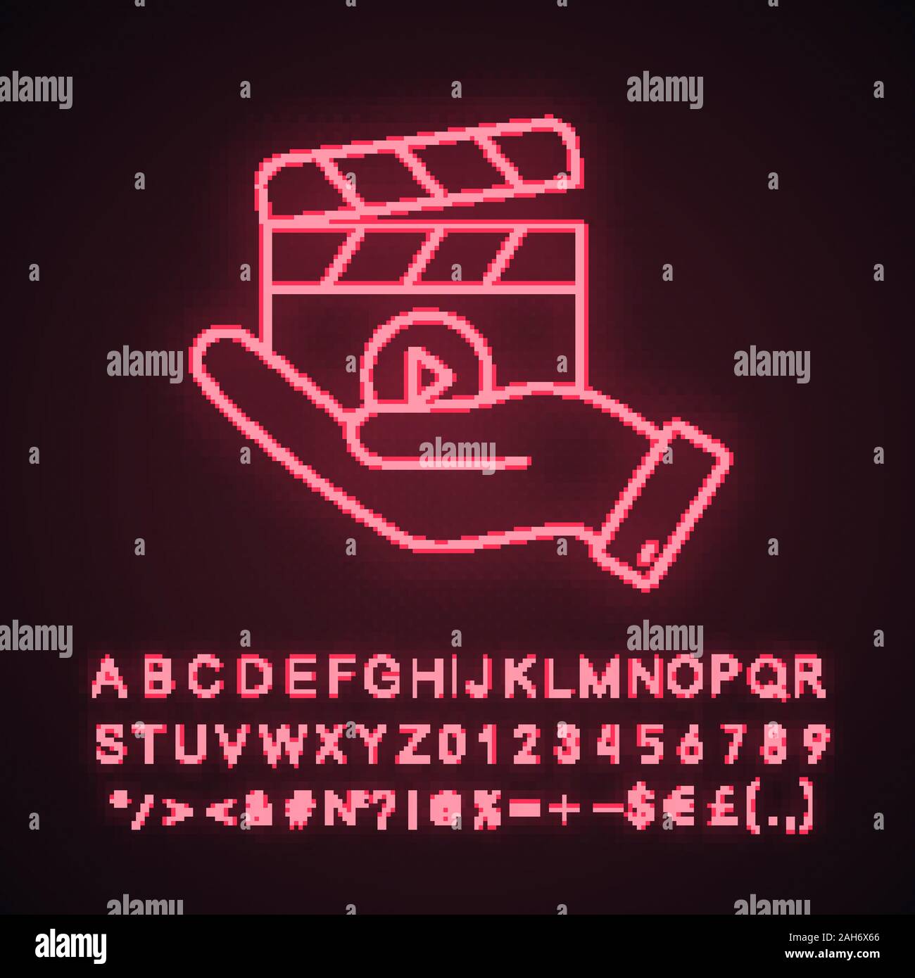 Libération film neon light icône. La production vidéo. La cinématographie. Hand holding cocoon. Directeur de film. Signe éclatant avec l'alphabet, les nombres et sym. Illustration de Vecteur