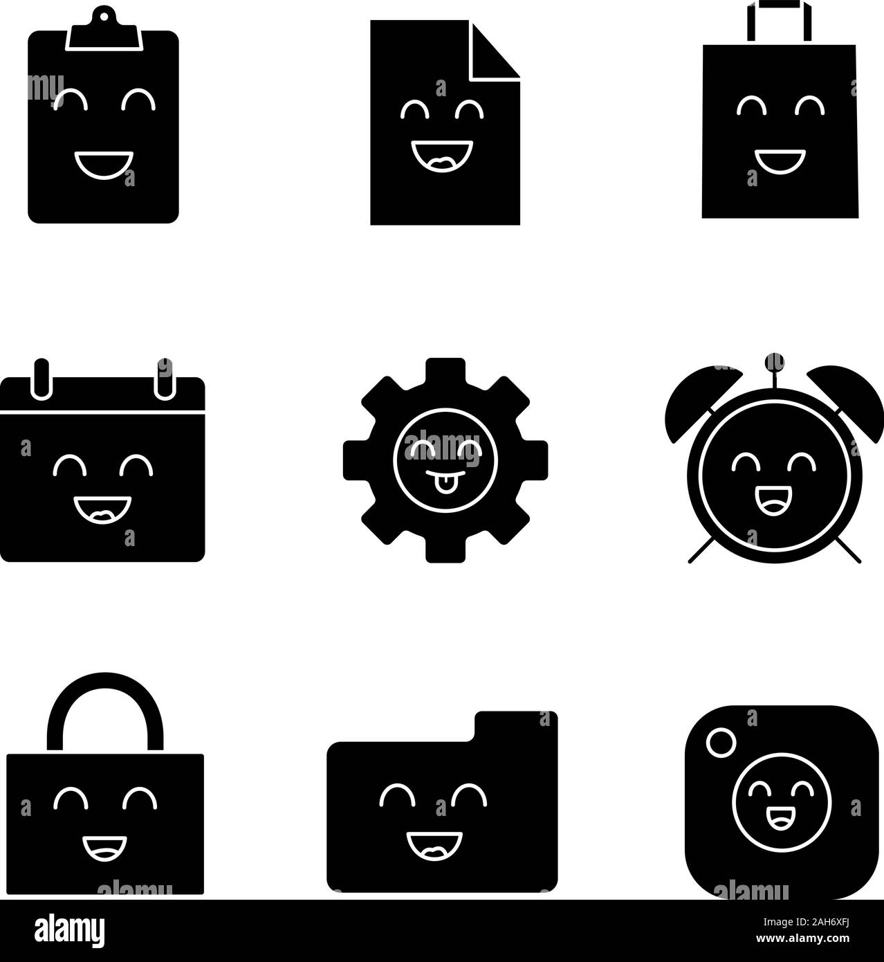 Glyphe d'articles sourire icons set. Professionnels fichier, presse-papiers, sac de shopping, voyager, Calendrier, réveil, dossier, cadenas, appareil photo. Symboles de Silhouette. Vect Illustration de Vecteur