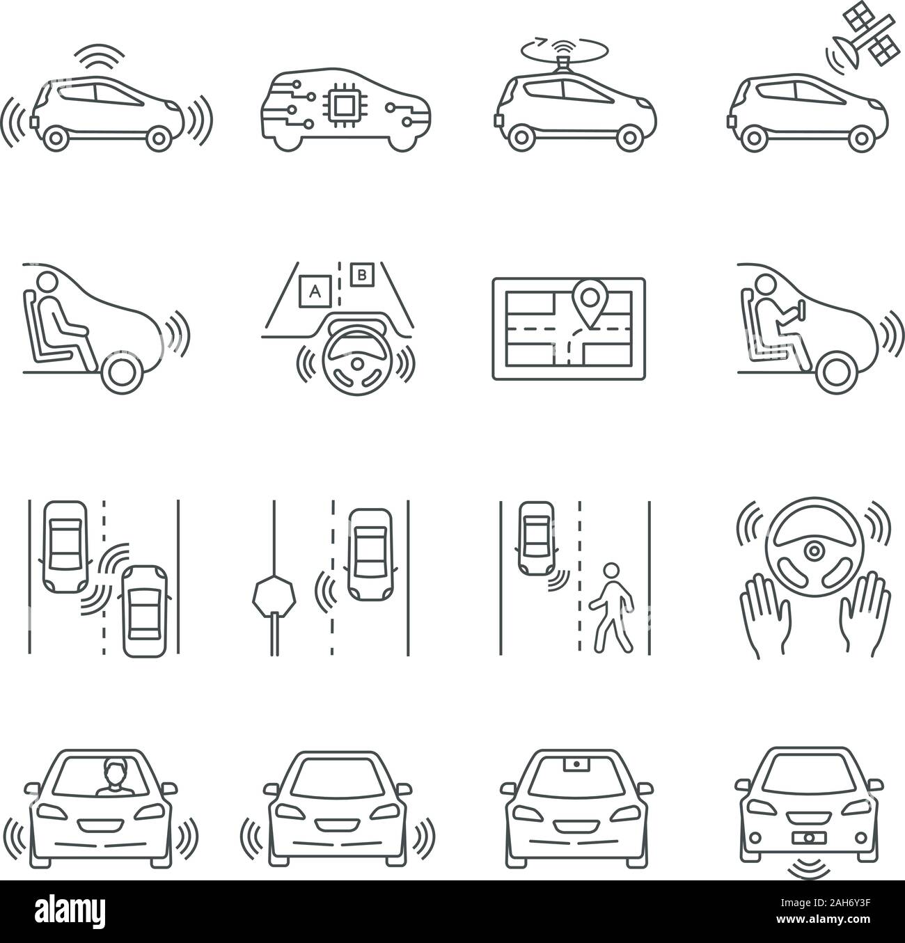 Voiture autonome icons set linéaire. La détection automatique intelligent d'autres véhicules, la signalisation routière, les piétons. Voiture sans conducteur capteurs. GPS automobile. Isolé Illustration de Vecteur