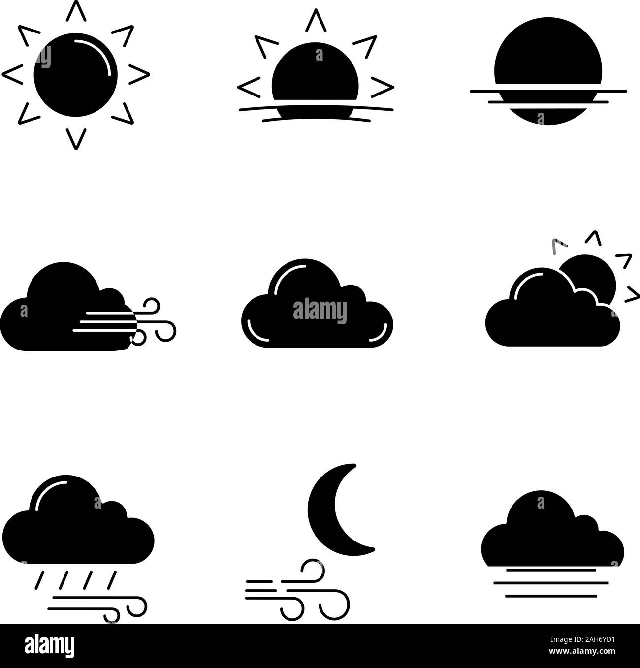 Météo glyphe icons set. Soleil, lever, coucher de soleil, vent, nuage, partiellement nuageux, pluie, vent, nuit de brouillard. Symboles de Silhouette. Vector Illustration de Vecteur