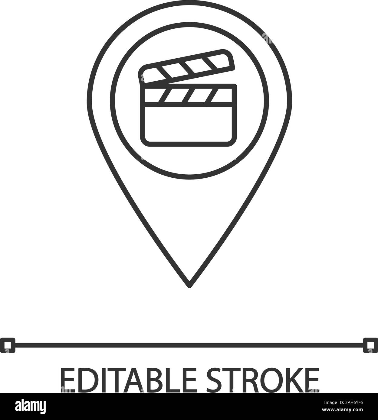 Les lieux de tournage l'icône linéaire. La carte vidéo. Fine ligne illustration. Cinéma l'emplacement. Lieux de production du film. La carte identifier avec clapper board. Contour Illustration de Vecteur