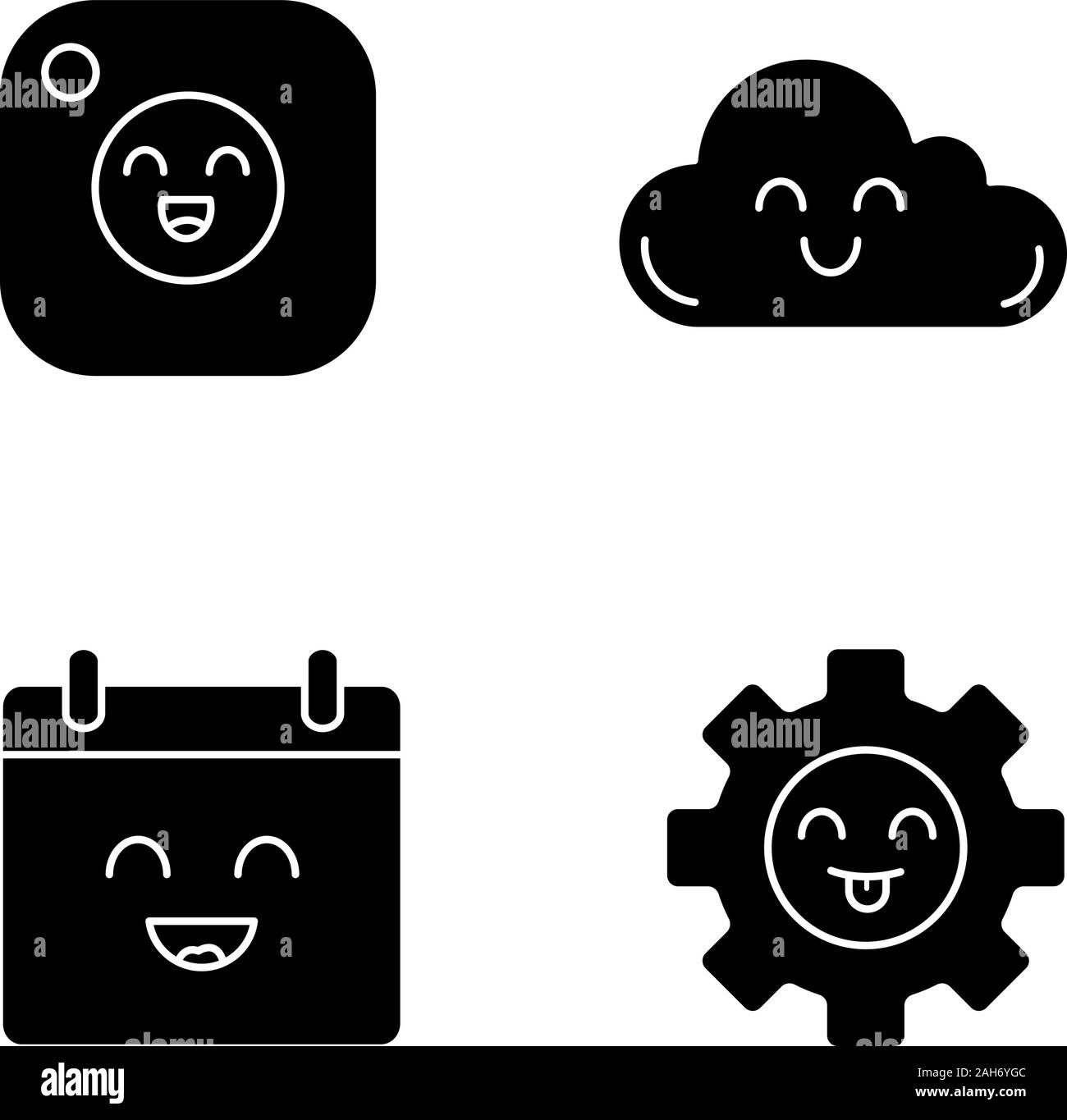 Glyphe d'articles sourire icons set. Caractères. Appareil photo heureux, nuage, calendrier, d'engrenage. Symboles de Silhouette. Vector illustration isolé Illustration de Vecteur