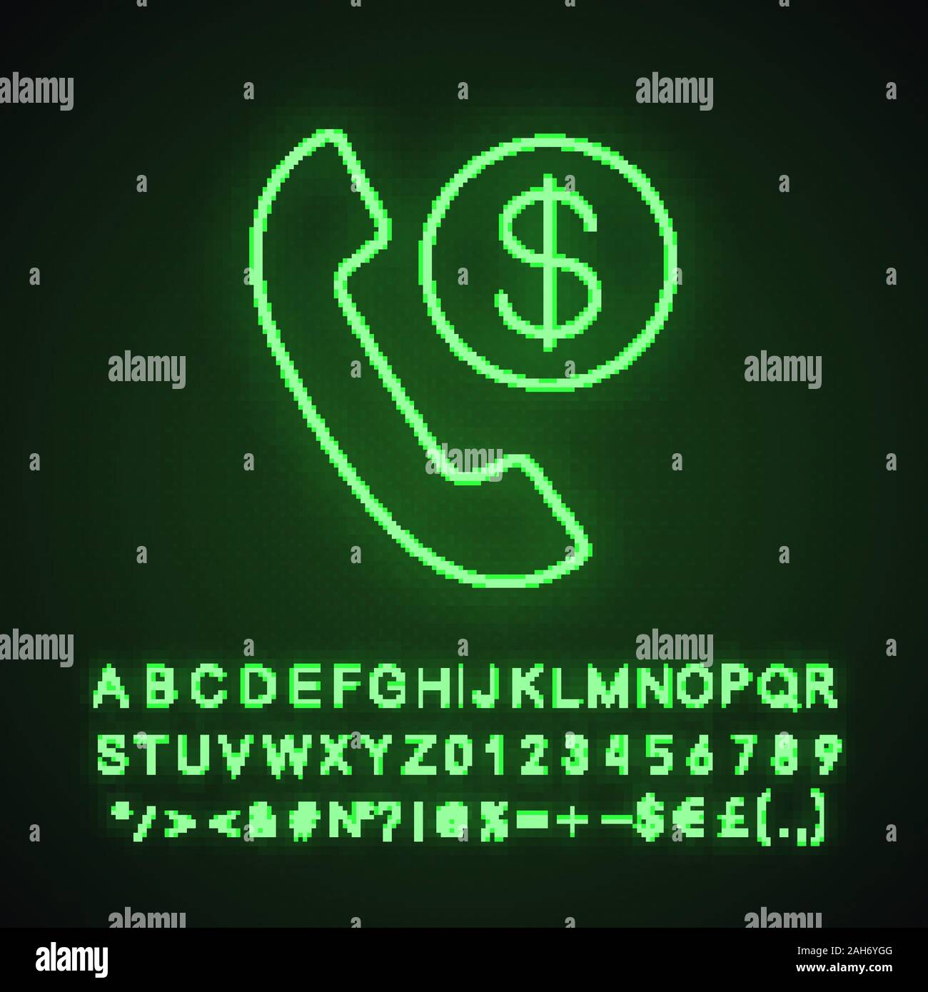 Les frais d'appel icône de lampe au néon. Payer par appel. Phone plan tarifaire. Combiné avec pièce d'un dollar. Signe rougeoyant avec alphabet, chiffres et symboles. Vector isola Illustration de Vecteur
