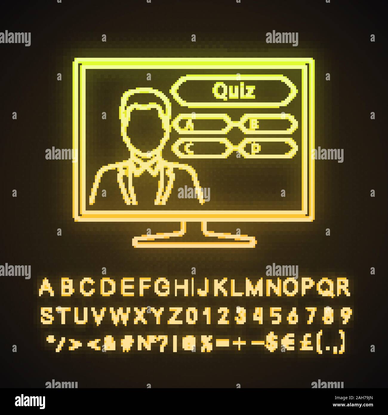 Quiz TV show neon light icône. Television jeu intellectuel. Quiz en ligne.  Jeu-questionnaire. Loterie. Signe rougeoyant avec alphabet, chiffres et  symboles. Vec Image Vectorielle Stock - Alamy