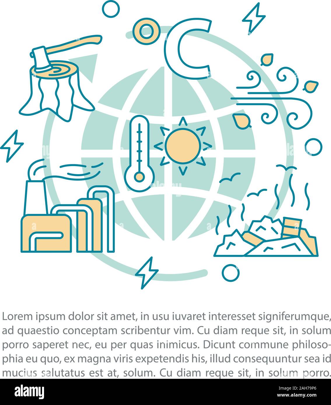 Les questions de l'environnement concept illustration linéaire. L'évolution du climat. L'article, brochure, magazine mise en page. La déforestation, réchauffement climatique, pollution. Texte b Illustration de Vecteur