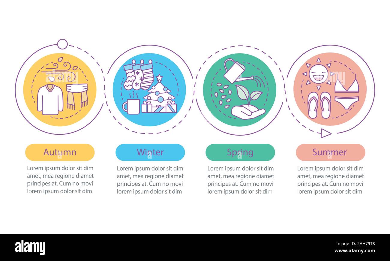 Quatre saisons vector infographic template. L'automne, hiver, printemps, été. Présentation de l'entreprise. La visualisation de données avec quatre étapes, options. Traiter Illustration de Vecteur