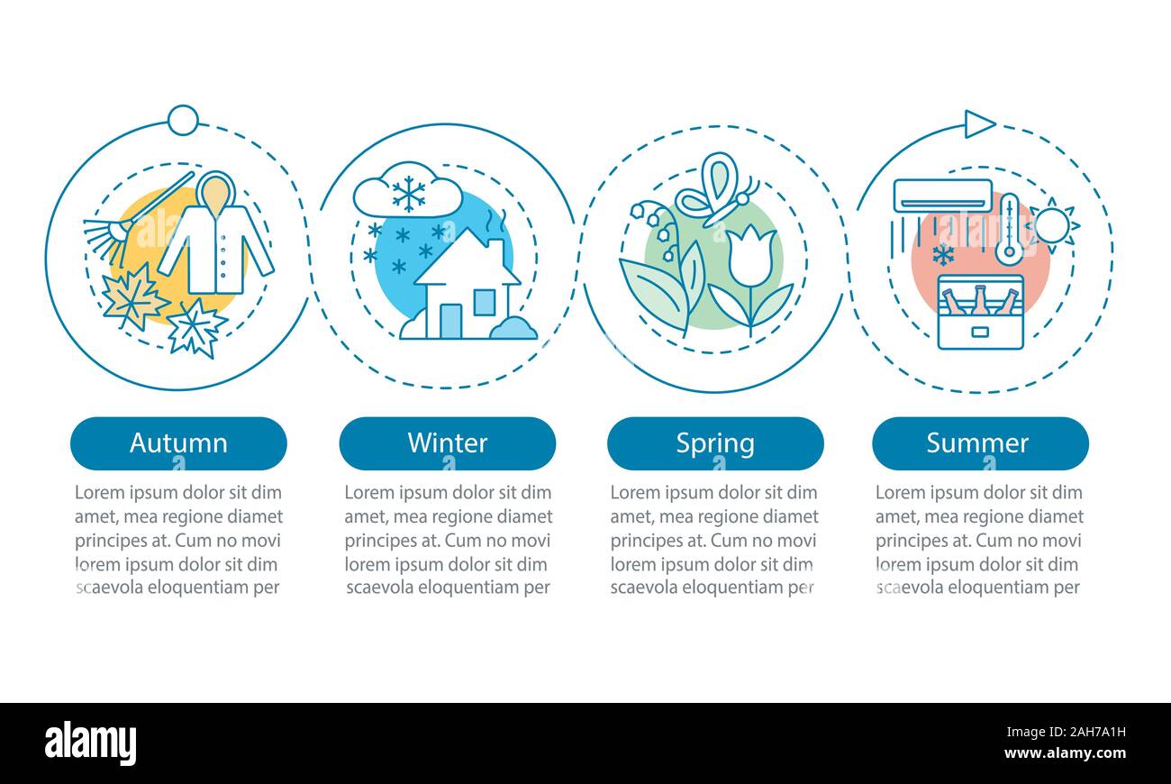 Quatre saisons vector infographic template. L'automne, hiver, printemps, été. Présentation de l'entreprise. La visualisation de données avec quatre étapes, options. Traiter Illustration de Vecteur