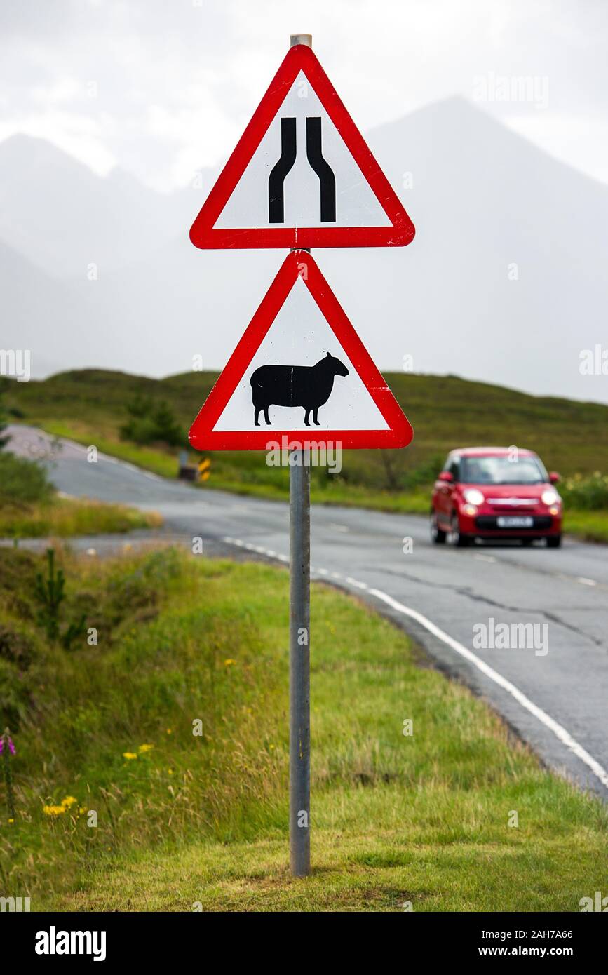 Gros plan sur un panneau de rue écossais avec une route étroite et des avertissements de passage des moutons Banque D'Images