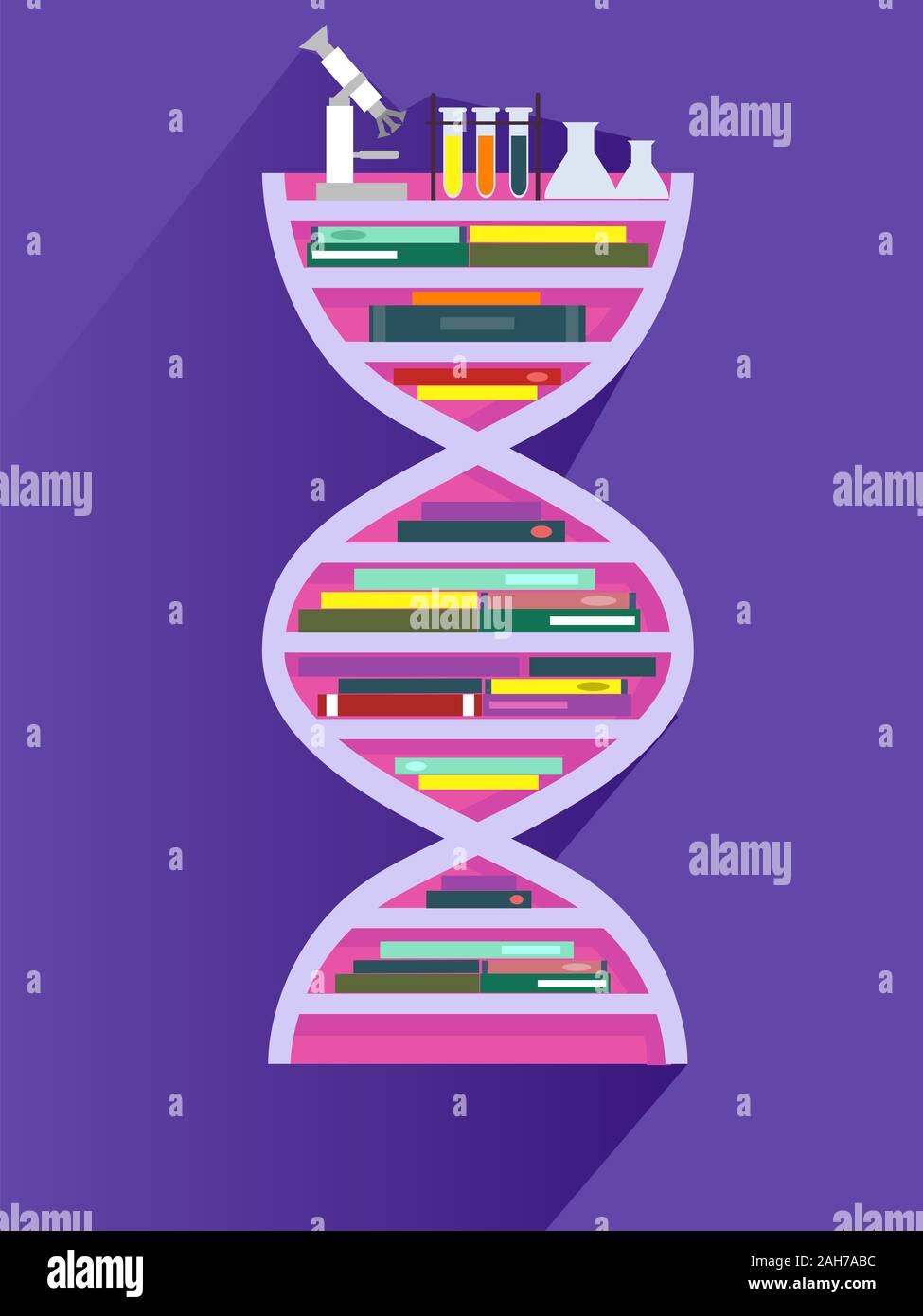 Illustration d'une étagère en forme d'ADN plein de livres avec des tubes à essai, flacons et microscope sur la tablette du haut Banque D'Images