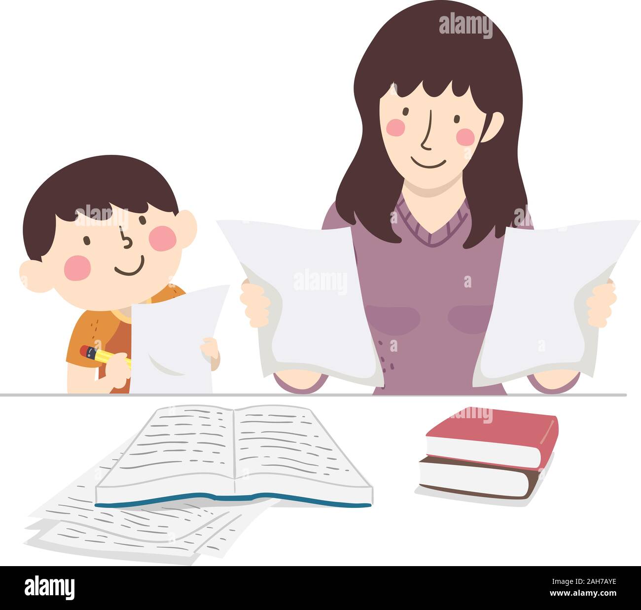 Illustration d'une mère contrôle les devoirs de son fils avec des livres sur la table Banque D'Images