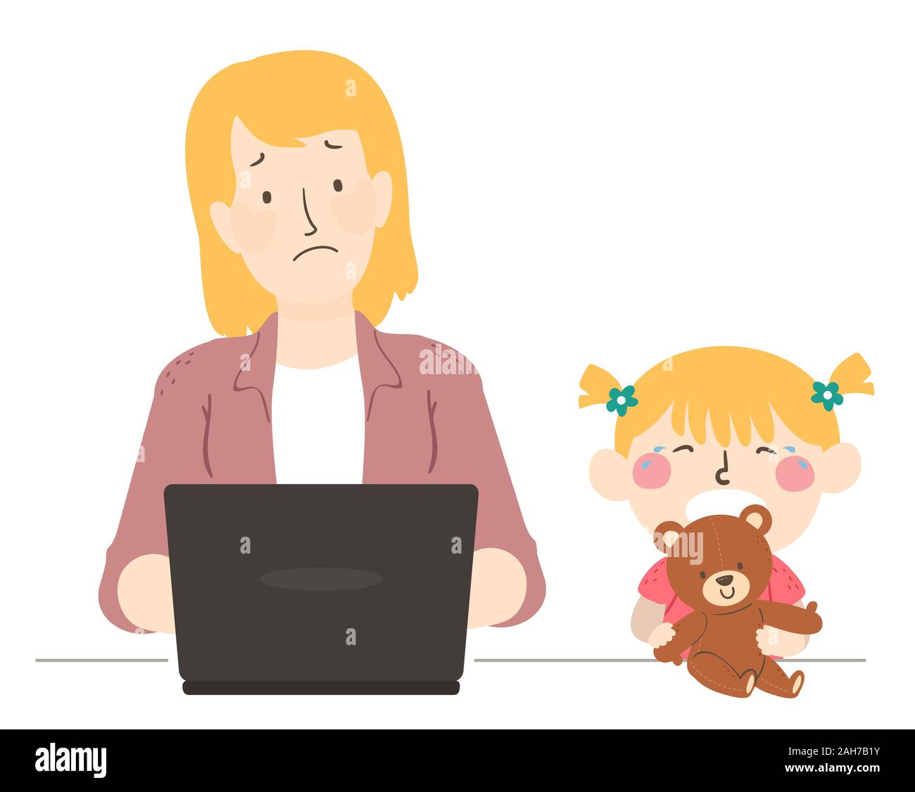 Illustration d'un enfant fille pleurer et vouloir jouer avec sa mère et de travail à l'aide d'ordinateur portable Banque D'Images