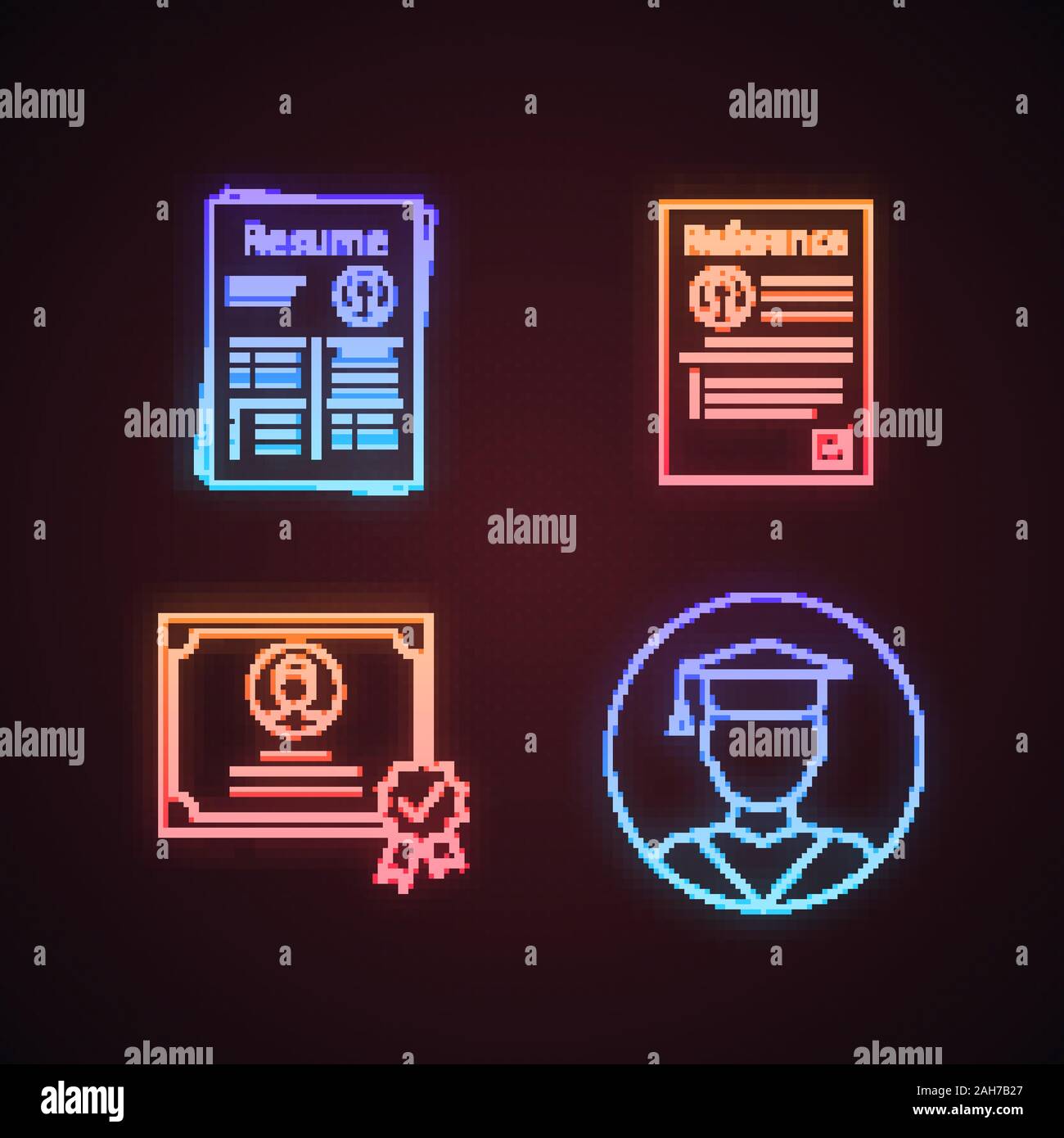 Reprendre neon light icons set. CV, lettre de référence, l'éducation, certificat. Les panneaux lumineux. Vector illustrations isolées Illustration de Vecteur