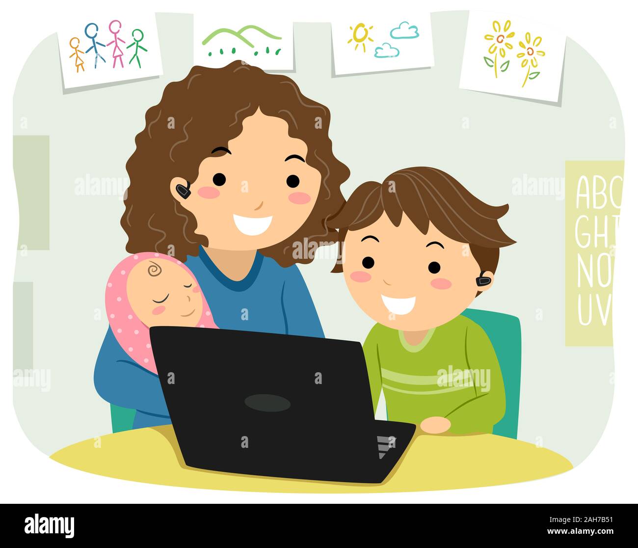 Illustration d'un Stickman Kid Boy studying at Home à l'aide d'un ordinateur portable avec mère portant un bébé Banque D'Images