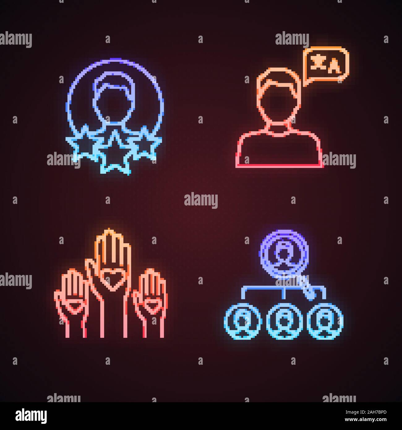 Reprendre neon light icons set. L'expérience professionnelle, les compétences linguistiques, le bénévolat, conseil. Les panneaux lumineux. Vector illustrations isolées Illustration de Vecteur