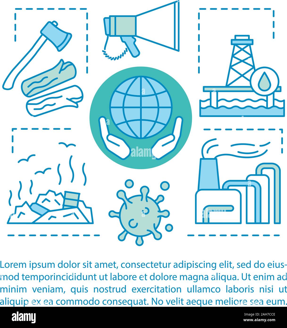 Les questions de l'environnement vecteur linéaire concept illustration. L'évolution du climat. La déforestation, réchauffement climatique, pollution. Les problèmes écologiques. L'article, brochure, Illustration de Vecteur