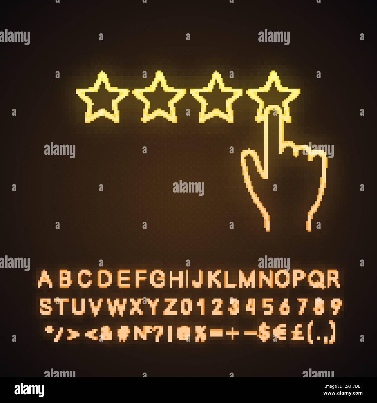 Cinq étoiles neon light icône. Excellent client d'examen et de rétroaction. Rang élevé. La satisfaction des clients. Signe éclatant avec l'alphabet, les nombres et s Illustration de Vecteur