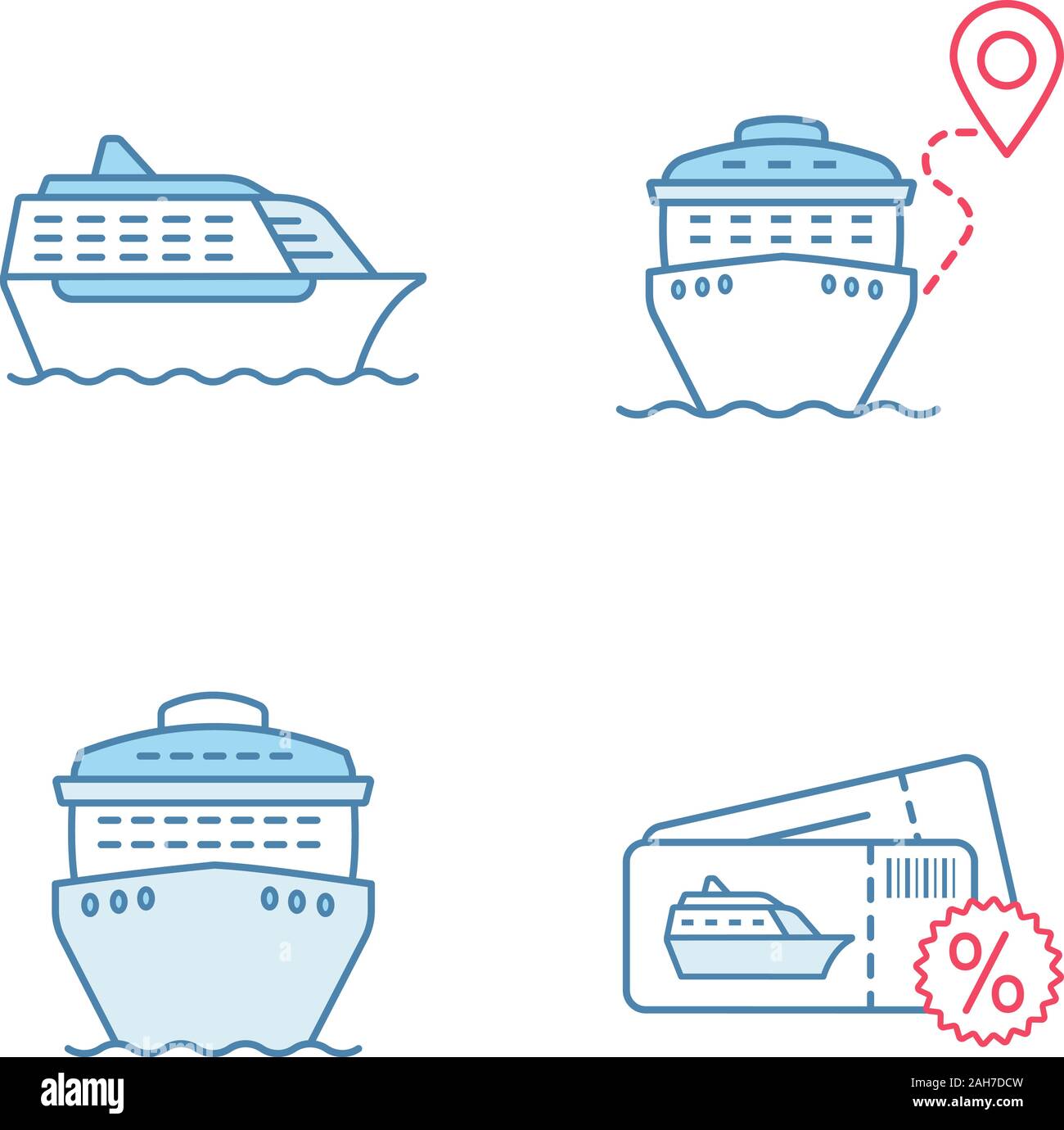 Couleur croisière icons set. Voyage d'été. Agence de voyages. Affaire de croisière bon marché, voyage à vélo, les navires en vue frontale et latérale. Illustrations vectorielles Illustration de Vecteur